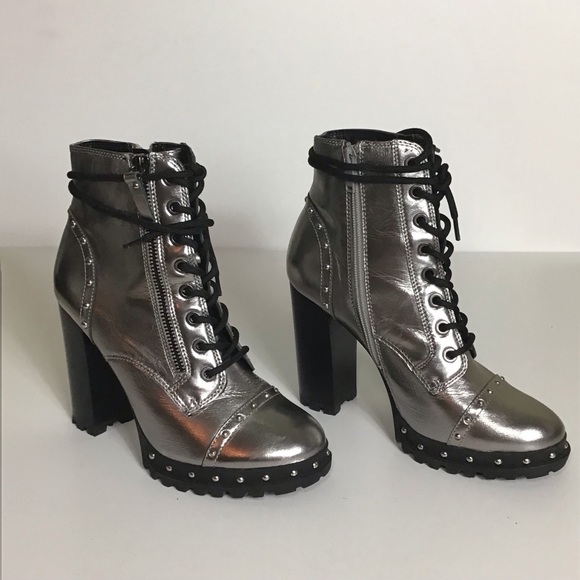 ALDO Silver Metallic Lace Up Military Leather Ankle Boots Isidro Sz 6/36 EU EUC - Picture 4 of 8